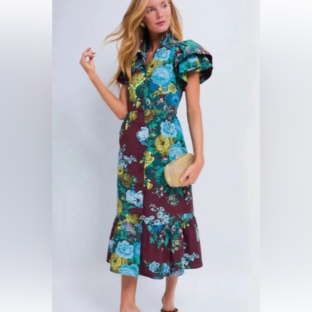 Tuckernuck Burgundy Midi Dress with Teal & Yellow Floral Print